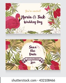 wedding cards in tropical style with flamingo, butterflies and palm leaves, vector illustration