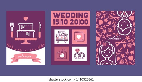 Wedding cards vector illustration. Wedding invitations. Welcome. Cake, outfits for bride and groom, engagement ring, car for married couple calendar camera ribbons hearts.