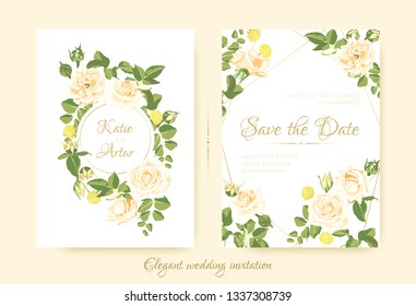 Wedding Cards, Vintage Roses, Floral Bouquet. Elegant Vector Flower in Pastel Colors for Greeting Card Design. Drawing Watercolor Botanical Decoration. Romantic Flyer for Wedding Celebration Invite.
