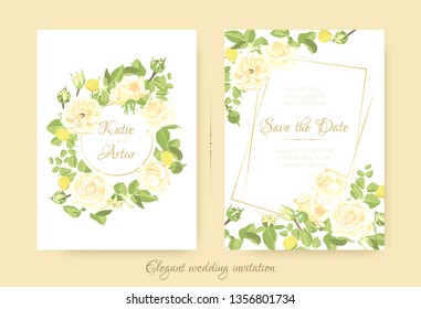 Wedding Cards, Vintage Roses, Floral Bouquet. Elegant Vector Flower in Pastel Colors for Greeting Card Design. Drawing Watercolor Botanical Decoration. Romantic Flyer for Wedding Celebration Invite.