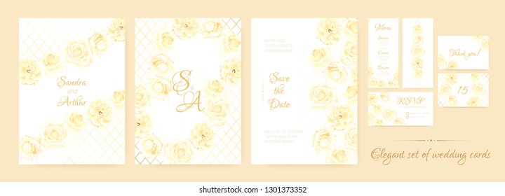 Wedding Cards Watercolor Set. Rose Flowers in Pastel Colors Design. Vector Floral Decorative Border, Wedding Frame of Rose Bouquet. Elegant Banner for Marriage, Romantic Rustic Wedding Invitation.
