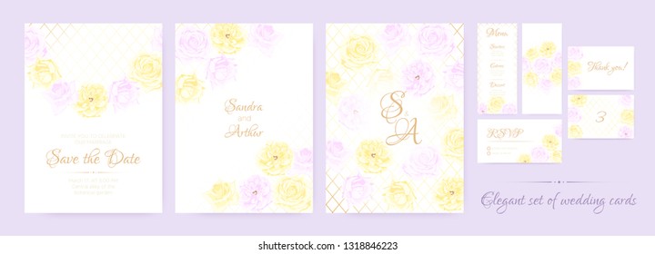 Wedding Cards Watercolor Set. Rose Flowers in Pastel Colors Design. Vector Floral Decorative Border, Wedding Frame of Rose Bouquet. Elegant Banner for Marriage, Romantic Rustic Wedding Invitation.