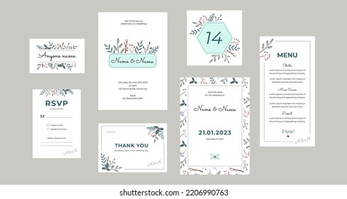 Bodas de la colección de invierno en un suave estilo rústico. Impresión de bodas de diseño de vectores