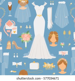 Wedding cartoon bride icons vector seamless pattern