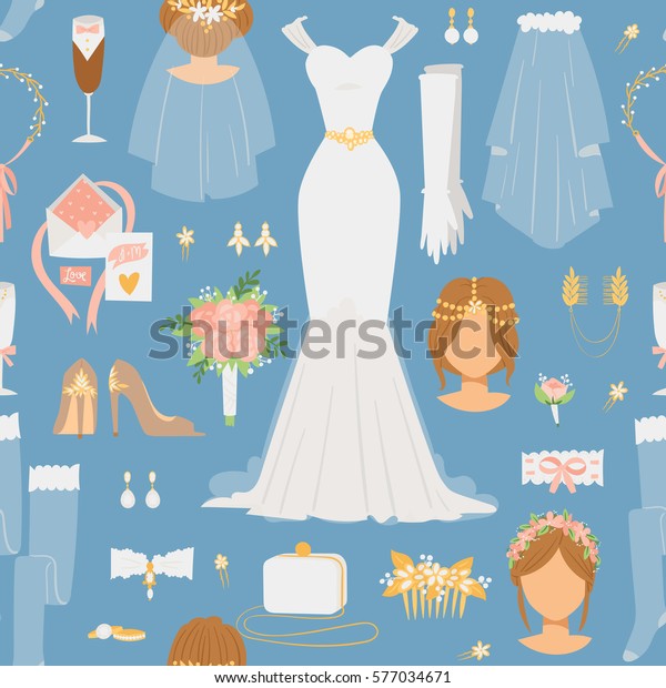 Wedding\
cartoon bride icons vector seamless\
pattern