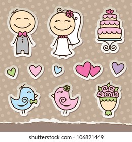 wedding cartoon paper stickers, vector design elements