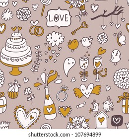 Wedding cartoon seamless pattern with celebration elements