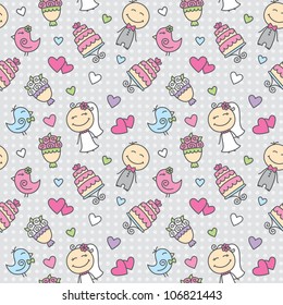 wedding cartoon seamless pattern with groom, bride, cake, bouquet, hearts and birds