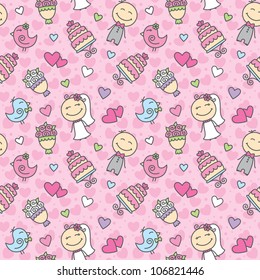 wedding cartoon seamless pattern with groom, bride, cake, bouquet, hearts and birds