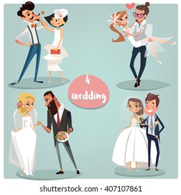 Wedding cartoon set: Brides and grooms couples