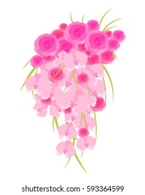 Wedding Cascade Bouquet Of Roses And Orchids Isolated On White Background. Vector Illustration