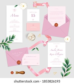 Wedding celebration announcement invitation place cards menu rings pink envelopes ribbons top view realistic set vector illustration 