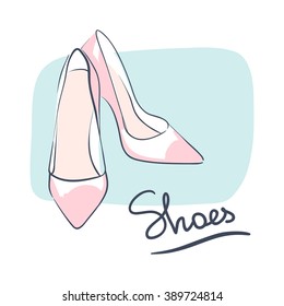 Wedding celebration attribute. Beautiful shoes for a bride. Line art on white background. Vector illustration eps 10.