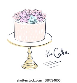 Wedding Celebration Attribute. Cake Decorated With Flowers On A Stand. Line Art On White Background. Vector Illustration Eps 10.