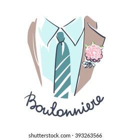 Wedding celebration attribute. Groom suit, shirt, tie and boutonniere close up. Line art on white background. Vector illustration eps 10.