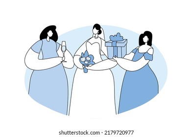 Wedding Celebration Concept, Beautiful Bride in White Dress, Veil and Bouquet of Flowers in Hands and Girl Friends Bridesmaids with Gift and Wineglass. Isolated Line Art Flat Vector Illustration