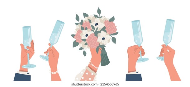 Wedding celebration concept. Hands with flowers and glasses, friends relax and congratulate newlyweds. Wedding ceremony, young couple, banquet, romantic meeting. Cartoon flat vector illustration