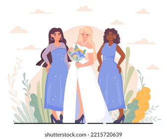 Wedding Celebration Concept. Women Walk Next To Bride. Holiday And Event, Romance And Love. Young Couple And Future Family. Greeting And Invitation Postcard Design. Cartoon Flat Vector Illustration