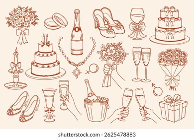 Wedding celebration elements collection. Hand drawn doodle icons of champagne, cake, gifts and flower bouquets. Vintage illustrations for wedding invitations. Sketch.