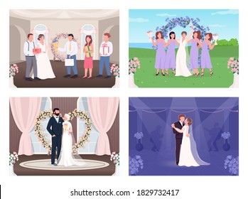 Wedding celebration flat color vector illustration set. Newlyweds couple first dance. Bride and groom with guests 2D cartoon characters with interior and landscape on background collection
