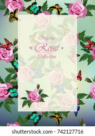 Wedding or celebration invitation or postcard. Pink roses with butterflies. Seamless pattern design