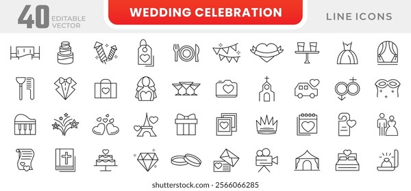 Wedding Celebration line icon set. Containing calendar, confetti, decorations, present, fireworks, masks, balloons, cake, ticket, birthday, line icon set. Ui thin line icon pack.