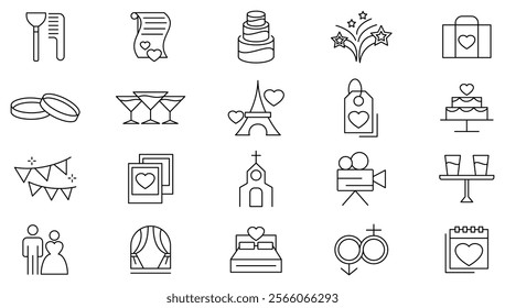 Wedding Celebration line icon set. Containing calendar, confetti, decorations, present, fireworks, masks, balloons, cake, ticket, birthday, line icon set. Ui thin line icon pack.