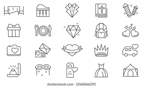 Wedding Celebration line icon set. Containing calendar, confetti, decorations, present, fireworks, masks, balloons, cake, ticket, birthday, line icon set. Ui thin line icon pack.