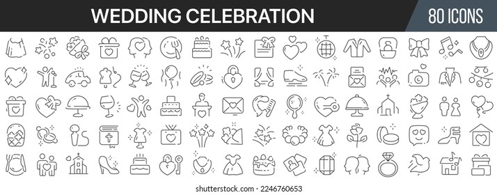 Wedding celebration line icons collection. Big UI icon set in a flat design. Thin outline icons pack. Vector illustration EPS10