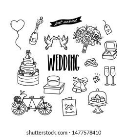 Wedding celebration related hand drawn doodle illustration with bouquet, cake, champagne, bells, bicycle, birds, balloon, engagement ring. 