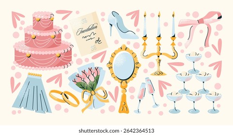 Wedding celebration stickers set cake, rings, bouquet, invitation, bridal veil, champagne glasses, mirror, shoes, and bow. Flat vector isolated illustration. Wedding ceremony romantic event concept