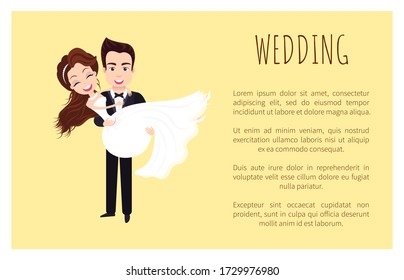 Wedding celebration vector, bride and groom happily married, people in love smiling and laughing poster with text sample. Engagement and relationship