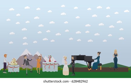 Wedding celebration vector illustration. Bride and groom, guests dancing to music, musician and singer, wedding cake flat style design elements.