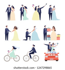 Wedding ceremonial bundle. Marriage love couples happy characters bride preparation celebration vector characters male female
