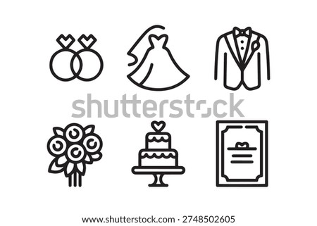 wedding ceremony and bridal elements line icon set
