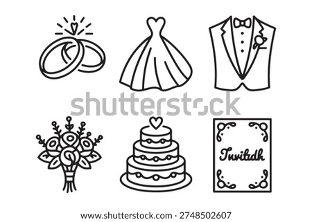 wedding ceremony and bridal elements line icon set