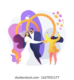 Wedding ceremony. Bride in beautiful white dress and groom cartoon characters. First dance of the newlyweds. Marriage, engagement, celebration. Vector isolated concept metaphor illustration