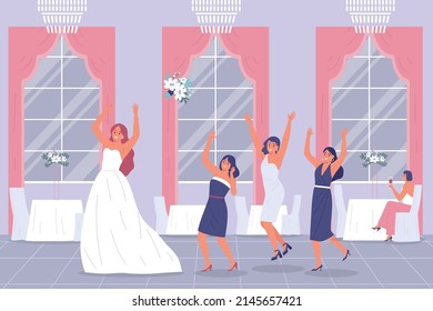 Wedding ceremony bride bouquet indoor composition with bride throwing flowers bunch flying with jumping female friends vector illustration