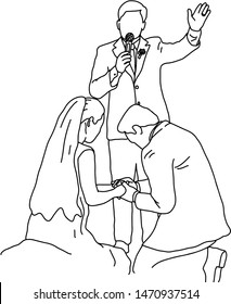 Wedding ceremony with bride groom and priest vector illustration sketch doodle hand drawn with black lines isolated on white background