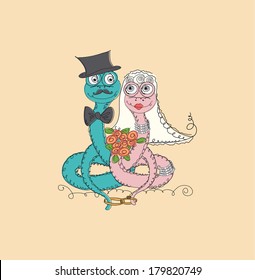 Wedding ceremony - bride and groom together for your design. wedding card. doodle hand drawn characters snakes