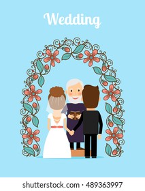 Wedding ceremony with bride groon and priest under arch vector illustration
