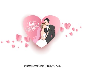 Wedding ceremony card. Paper cut and craft style. Loving couple on holiday background. Vector consept illustration.