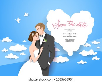 Wedding ceremony card. Paper cut and craft style. Loving couple on holiday background. Vector consept illustration.