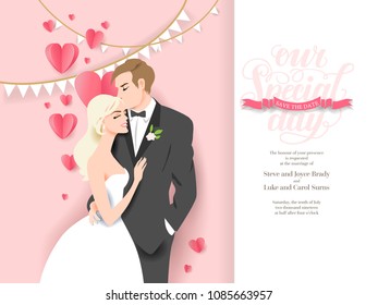 Wedding ceremony card. Paper cut and craft style. Loving couple on holiday background. Vector consept illustration.