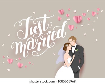 Wedding ceremony card. Paper cut and craft style. Loving couple on holiday background. Just married lettering