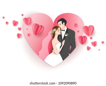 Wedding ceremony card. Paper cut and craft style. Loving couple on holiday background. Vector consept illustration.