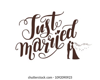 Wedding ceremony card. Paper cut and craft style. Loving couple on holiday background. Just married lettering