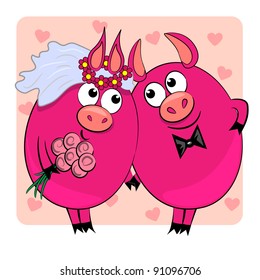 wedding ceremony cartoon couple vector illustration. cute animals romantic bride and groom card