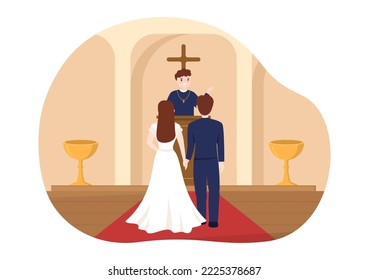 Wedding Ceremony in the Cathedral Catholic Church Building with the Happy Couple in Flat Cartoon Hand Drawn Template Illustration