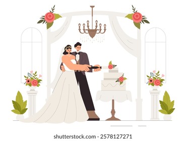 Wedding Ceremony Celebration Vector Illustration featuring a Bride and Groom in a Floral Ballroom with Elegant Decorations in a Flat Style Background